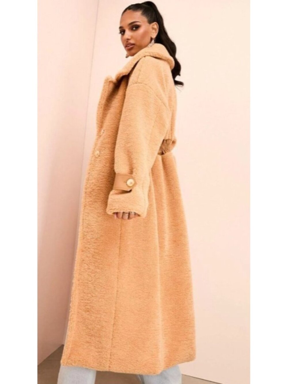 ASOS Luxe Teddy Faux Fur Long Coat Camel Beige Gathered Waist Oversized US 6